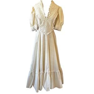 Vintage cotton linen hand made maxi dress prairie cottage core romantic wedding
